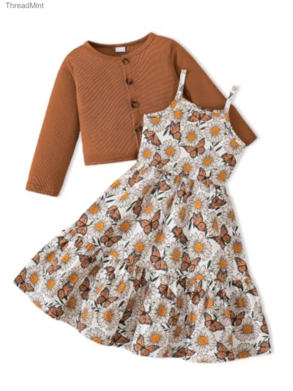 Girls 2 Piece Dresses Fall Cardigan Set Spaghetti Strap Cotton Dress Toddler